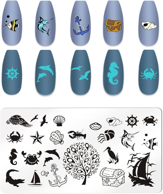 6pcs Seaside Scenery Nail Stamping Plate Nail Stamping Kit for Nails Summer Beach Coconut Trees Sunset Waves Sea Animals Image Plates Nail Stamper Kit