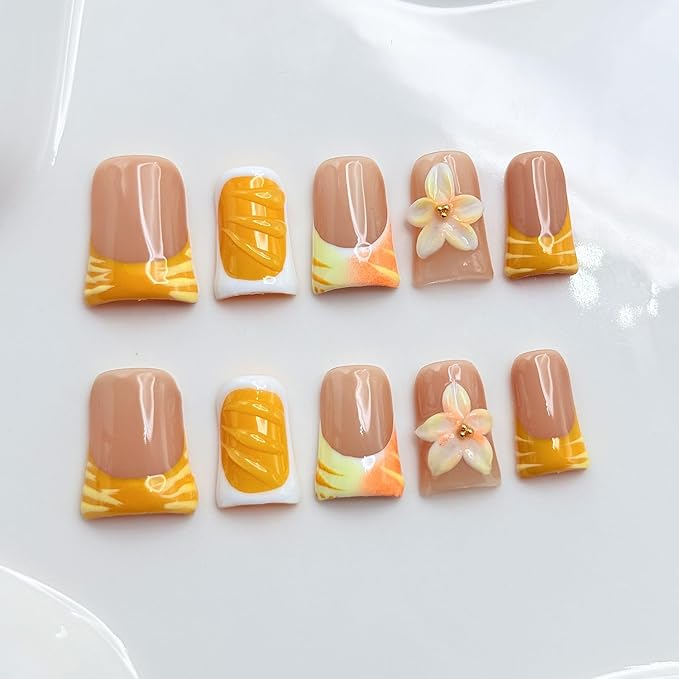 Handmade Duck Press on Nails with Glue，3D Flower Design Fake Nails Ripple Glossy Luxury Rhinestone Artificial Glitter Charm Full Cover Thick False Nails for Girls Festival Party 10 Pcs (Size M)