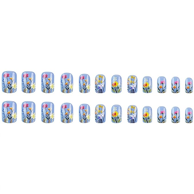 Short Press on Nails Square Fake Nails with 3D Flower Designs Colorful Glue on Nails Gold Glitter Acrylic Nails Spring Summer False Nails Glossy Full Cover Stick on Nails for Women Girls 24Pcs