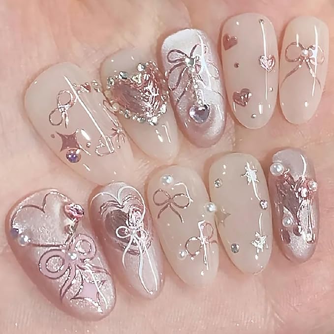 Valentines Day Nail Art Stickers for Nail Art 5D Embossed Bow Nail Stickers with Pink Bow Star Heart Romantic Self Adhesive Design Cute Nail Decals Nail Art Supplies for Women Acrylic Manicure Tips