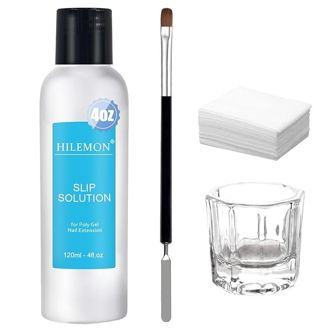 Poly Gel Slip Solution Set, 4Oz Liquid with Dual-Ended Spatula Brush Glass Cup Cotton Pad, Anti-Stick Liquid Brushes Cleaner for Nail Extension Gel