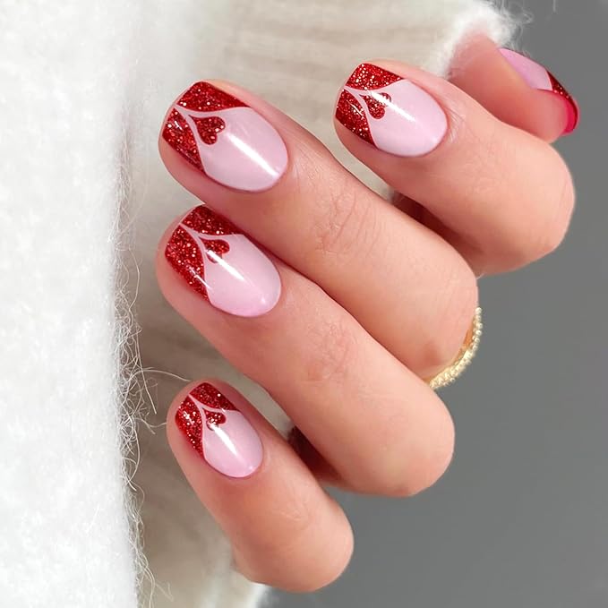 JMEOWIO Gel Nail Stickers Valentines Day Cream Pink Glitter Red Heart Semi Cured Gel Nail Strips Wraps UV/LED Nails Art Design Decoration Accessories