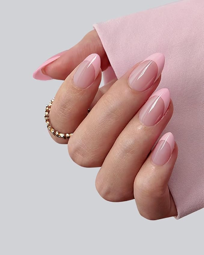 BTArtboxnails XCOATTIPS Pink French Tip Press On Nails - Short Almond Press On Nails, Soft Gel Nail Tips, Soak Off Pink Acrylic Fake Nail Extension in 16 Sizes