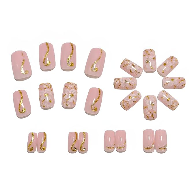 Flower Fake Nails Medium Square Press on Nails Pink False Nails White Flower Nails Press Ons with Rhinestones Design Gold Glitter Line Glue on Nail Glossy Stick on Nail for Women Set 24Pcss