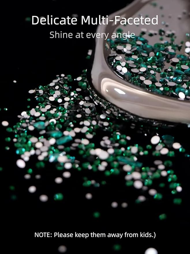 6080PCS Green Rhinestones for Nails, Rhinestone kit with 20 Shapes, 3D Flatback Crystals Diamonds for Nail Art Design,Mix Sizes Nail Charms and Gems(Tweezers Included)