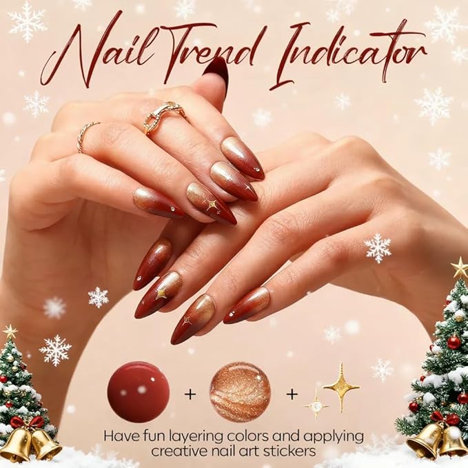 modelones Gel Nail Polish Kit with UV Light, Milky White Burgundy Red Nude Glitter Gold Winter Christmas Metallic Manicure Set with Base Top Coat Star Stickers 4 Colors Gel Mini Salon Nail Art Gift