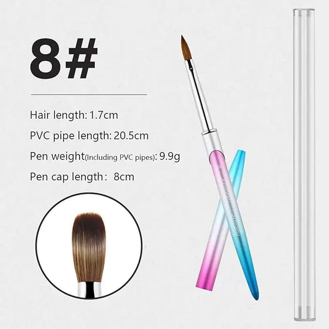 100% Pure Kolinsky Acrylic Nail Brush Size 8, Hair Acrylic Crystal Ombre Pink Silver Blue Handle with Silver Ferrule Round Shaped for Women Girls Manicure Nail Tools Accessories