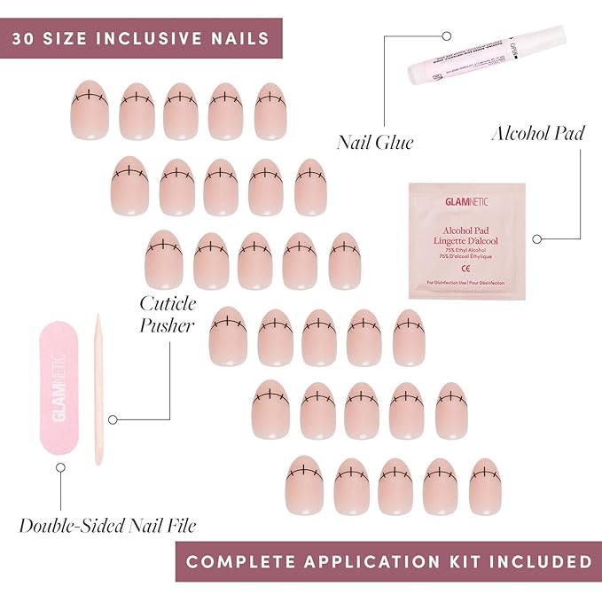 Glamnetic Press On Nails - Frankenbabe | Semi-Transparent Stitched Tip Graphic Short Oval Fake Halloween Nails, Salon Quality | 15 Sizes - 30 Nail Kit