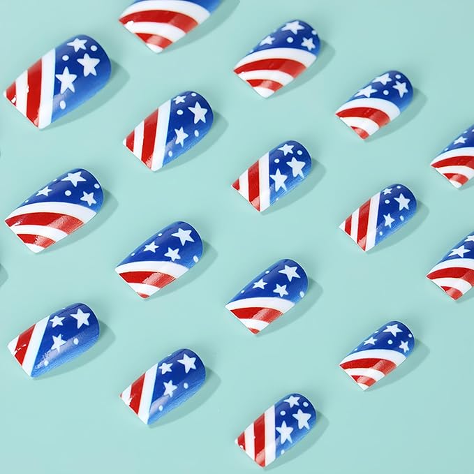 4th of July Press on Nails Medium Square America Flag Fake Nails Full Cover False Nails with Star Designs Tricolor Glossy Glue on Nails Star Acrylic Manicure Artificial Nails for Women Girls 24Pcs