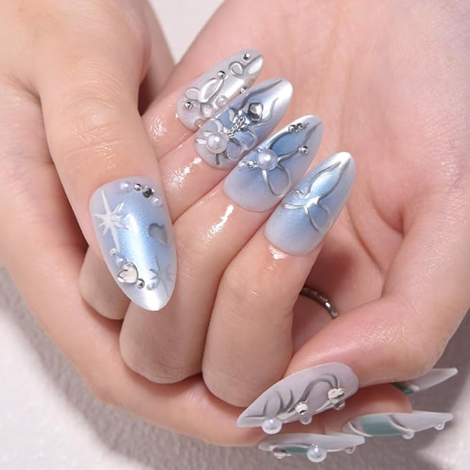 evpct White Blue 3D Shimmery Press on Nails Short Almond with Silver Line Heart Design, Cat Eye Pearl Stick on Nail for Women Gift, Reusable Full Cover Soft Gel Press on Fake Nail with 3D Design