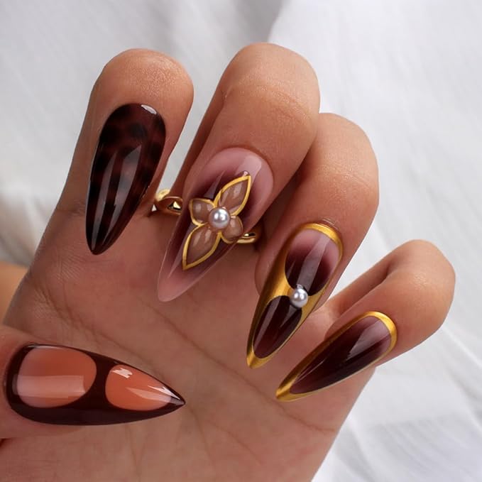 evpct Handmade Press on Nails Medium Almond, Mauve Artificial French Tip Fake Nails Kit with Gold Line & 3D Flower & Rhinestones Design, Stick on Nails with Nail Kit, 24Pcs Reusable Stick on Nail Kit