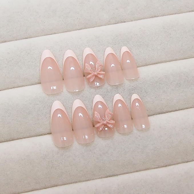 24pcs French Tip Press on Nails Medium Almond Fake Nails with Charms Designs Bow False Nails Stick on Nails Full Cover Glossy Artificial Nails for Women Girl Nail Decoration Supplies