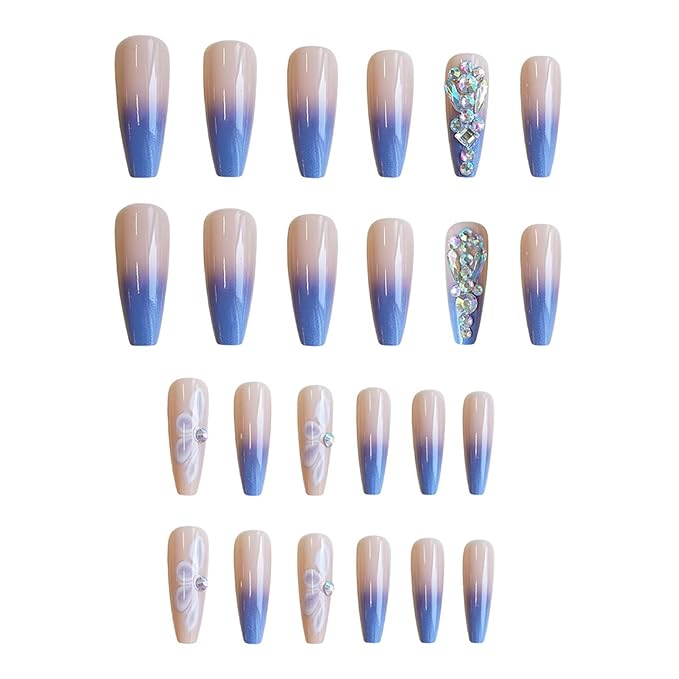 RTKHFZE Press on Nails Long Blue French Tip Fake Nails Coffin Glue on Nails with Flower and Rhinestones Designs Acrylic False Nails Glossy Full Cover Stick on Nail for Women and Girls