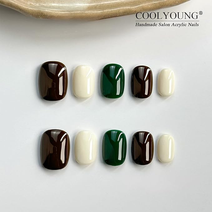 Press On Nails Short, Chic Mixed-Color Nails Press Ons - Dark Green, Brown, White, Square Shape, Acrylic Fake Nails for Women, 25 PCS Handmade Press On Nails