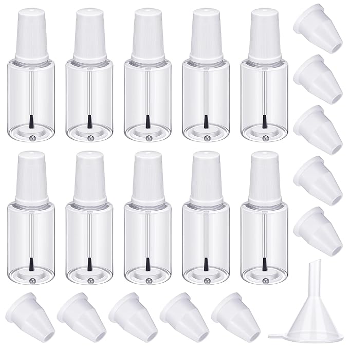 Irenare 10 Pcs Refillable Empty Nail Polish Bottles with Brush Mixing Marble Conservation Insert and Brush Top Plastic Nail Polish Container, Clear (30 ml)