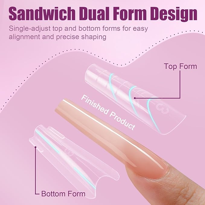 280 Pcs Original Sandwich Nails Dual Form with Guide Lines Long Coffin Nail Mold for Builder Gel Nail Extensions Art Design Salon DIY at Home