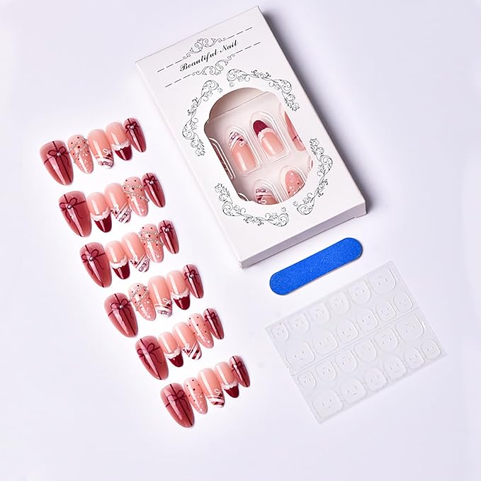 30pcs Christmas Press on Nails Medium Almond Fake Nails Valentine False Nails with 3d Pearl Rhinestones Designs Xmas Gift Full Cover Artificial Glue on Nails French Tip Acrylic Nail Supplies for Women