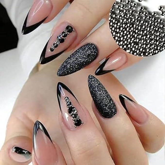 3D Nail Caviar Beads for Nail Art Metal Mini Nail Ball Beads Nail Studs DIY Decorations Accessories (Gun Black and Black)