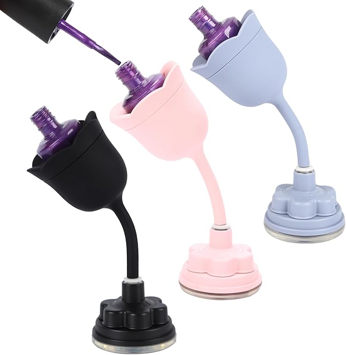 Nail Polish Bottle Holder, Rose-Shaped with 360° Rotating Stem, Tilted for No-Spill, Strong Suction Cup, All-Bottle Fit (3-Pack Pink/Black/Blue)