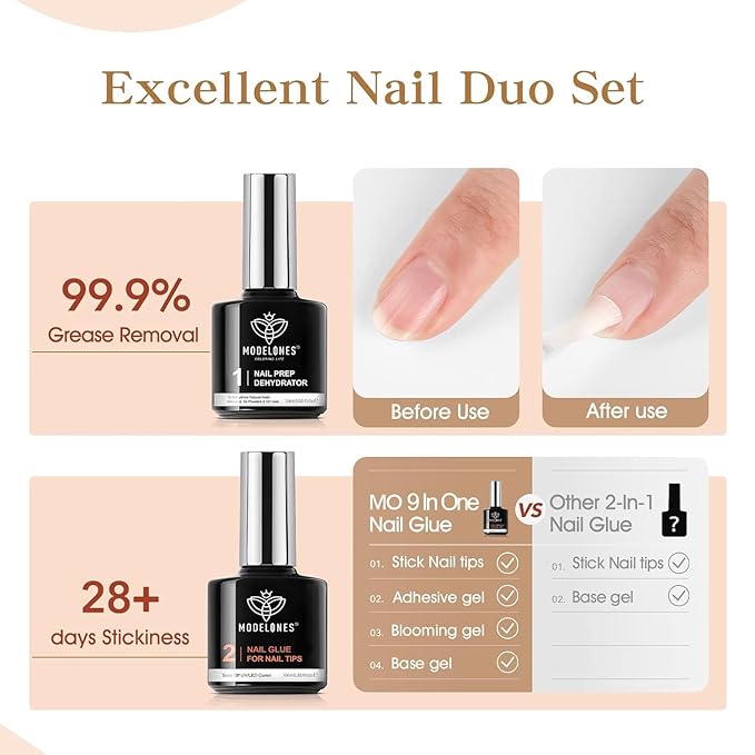 modelones 9 in One Gel Nail Glue Prep Dehydrator for Acrylic Nails Tips/Bloom Gel/Adhesive Bond, Long Lasting Curing Needed
