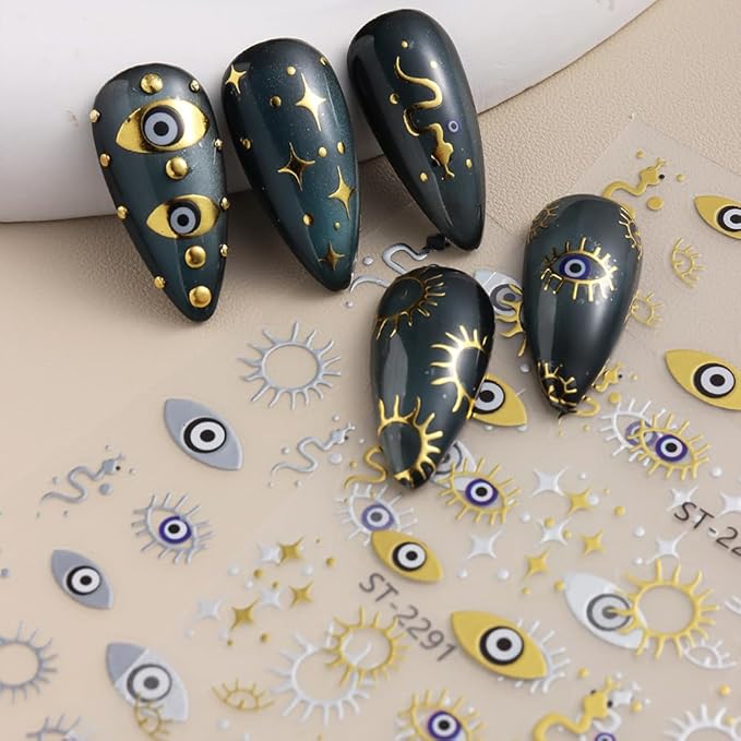 6 Sheets Evil Eye Nail Stickers for Nail Art,Gold Silver Metallic Evil Eye Nail Decals Goth Stickers with Mystical Eye,Snake Design,3D Self Adhesive Nail Art Supplies for Women,DIY Manicure Decor
