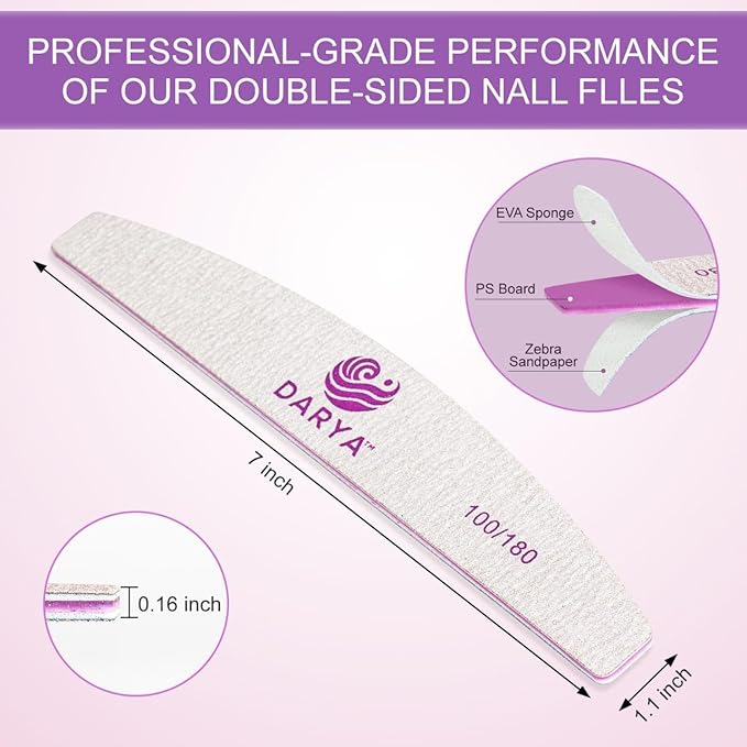 DARYA 25 Pcs Nail Files 100/180 Grit, Professional Double Sided Emery Boards for Acrylic, Gel & Natural Nails – Reusable Nail File Set for Manicure & Pedicure, Salon & Home Use