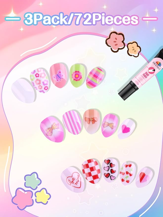 EBANKU 72Pcs Press on Nail Kids, 3 Pack Children Fake Nail Kit Full Cover Short False Fingernails with Nail Glue Nail Tools for Girl Nail Decoration