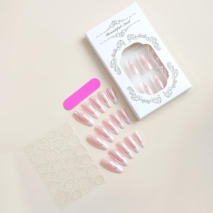 French Tip Press on Nails - Medium Almond Fake Nails - Chrome Design Full Cover Stick on False Nails - for Women 24 Pcs