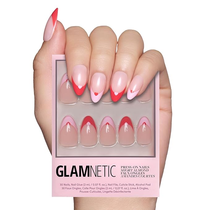 Valentines Day Glamnetic Press On Nails - Pure Hearted | Glossy, Semi-Transparent Short Almond Nails with Heart Accents, Salon Quality | 15 Sizes - 30 Nail Kit with Glue
