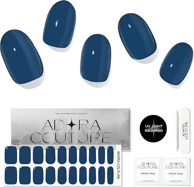 Semi-Cured Gel Nail Strips - 20 Salon-Quality Gel Sticker with UV Light Required, Long Lasting, Easy Application & Removal, Includes Prep Pad, Nail File, Wooden Stick (Blue Noir)