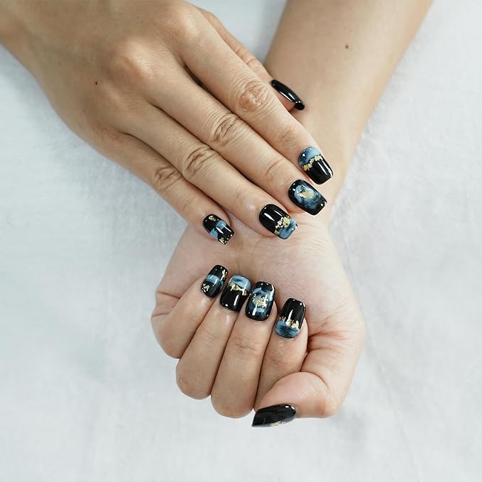 Short Coffin Press on Nails - Handmade Black Fake Nails with Blue Ombre Glitter Gold Foil Design, High Gloss Acrylic Nails for Women, Party, Daily Wear (Playful Doodle,M)