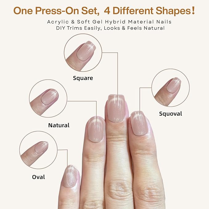 Nude Pink Cat Eye Press on Nails Short Square, French Tip Short Square Glue on Nails for Women Gift, Reusable Soft Gel Press on Acrylic Nail with Designs 30Pcs(Nude Pink2)
