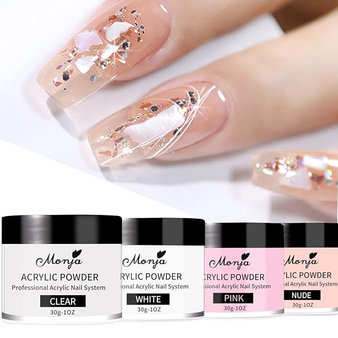 Monja Acrylic Powder - 4PCS 30g Professional Colored Acrylic Nail Powder for Acrylic Nails Extension 3D Nail Art Acrylic Polymer Powder Manicure Salon DIY No Need Nail Lamp