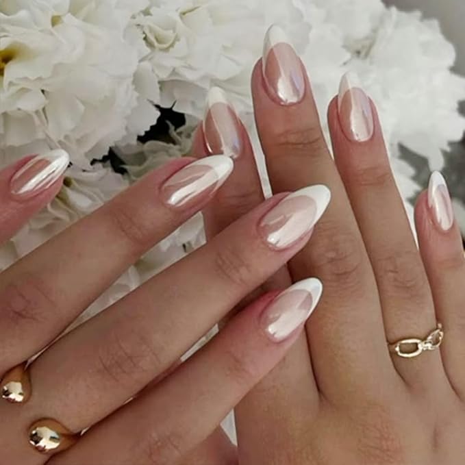 Modelones Chrome French Tip Press on Nails Almond, Short Almond Fake Nails, Nail Kit with Nail Glue Adhesive Tabs Mini Nail File, Nails Press Ons 32Pcs16 Sizes, Women Girl Gift