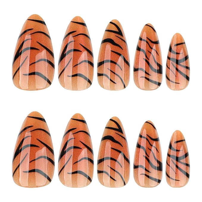 Tiger Print Press on Nails Medium Almond Fake Nails Cat Eye Nails Press ons with Design Full Cover Stick on Nails for Women Manicure,Reusable | Nail Sticky Tabs | Easy Apply | 24Pcs