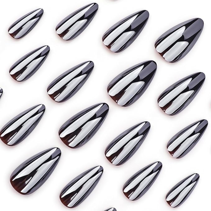 Black Chrome Press on Nails Almond Fake Nails Medium False Nails Press ons with Design Reusable Artificial Nail Full Cover Glossy Glue on Nail Stick on Nails for Women Halloween Manicure 24 Pcs