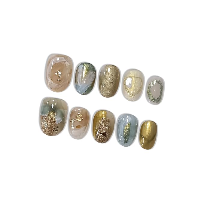 Golden Ombre Press on Nails with 3D Glitter Flakes & Gold Foil, Short Oval Glossy Soft Glam Fake Nails, Reusable Elegant False Nails for Women Fall Winter Season Party, Size L