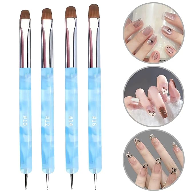 4Pcs French Tip Brush, Double-Ended French Brushes for Nails with Dotting Tool, Clean Up Brush for Gel Nail Polish, Size 10/12/14/16, Acrylic Nail Art Brushes, Manicure Tools for Nail Design-Blue