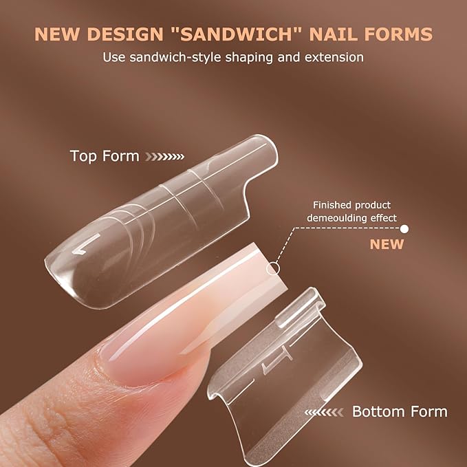 Sandwich Nails Dual Forms,280Pcs Reusable Nail Extension Forms with Silicone Polygel Stick,Easy Demolding & Intuitive Operation for DIY & Professional Use