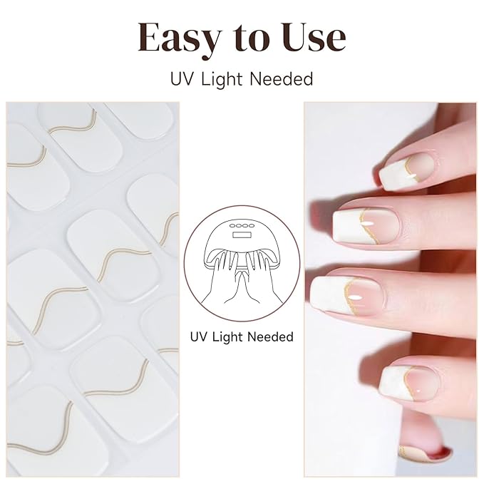 Semi Cured Gel Nail Strips, 28 pcs Gel Nails Stickers for Women Work with Any UV Lamp, Long Lasting Nail Wraps for Home DIY Nails Art (Gilded French)