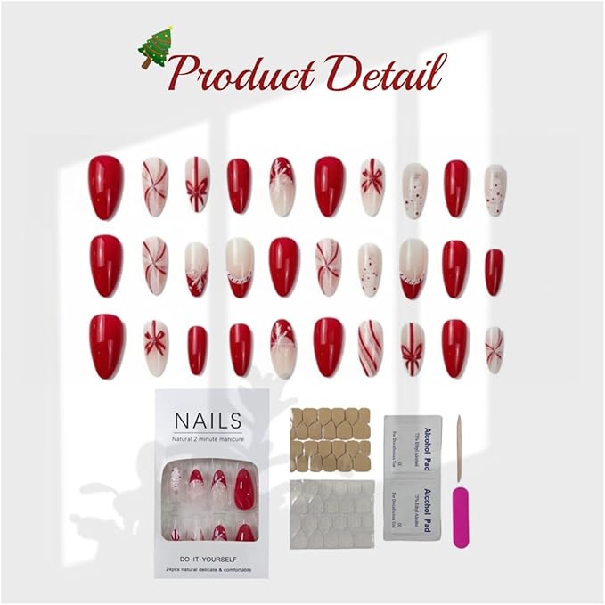 Press On Nails Almond Christmas, Press on Nails Short, Glue On Nails for Women Gift, Supremely Fit Natural Reusable Stick On Nails in 12 Sizes -24 Fake Nails Kit, Ribbon Snowflake