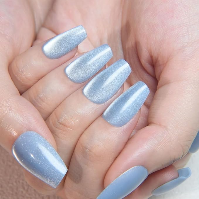 evpct Light Blue Cat Eye Coffin Press on Nails Square Medium, Medium Square Stick on Nail for Women, Light Blue Metallic Glitter Glossy Reusable Summer Soft Gel Press on Acrylic Fake Nail with Designs