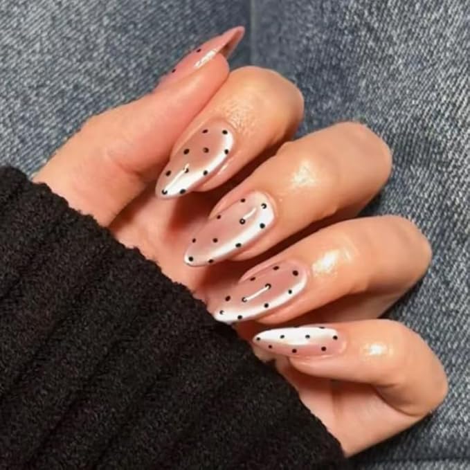 Pink Nude Cat Eye Polka Press On Nails Medium Almond, Salon-Quality Acrylic Fake Nails, Stylish Design, Reusable Stick-Ons, Spring Summer DIY Nail Art Kit for Women | Daily/Party Gift 24 Pcs