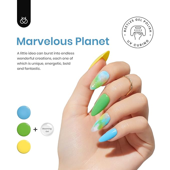 Beetles Gel Nail Polish with Blooming Gel, 5 Colors Neon Pink Green Blue Purple Yellow Nail Polish Clear Blooming Polish for Spreading Effect2 Nail Art Brushes UV/Led Gift Set for Women