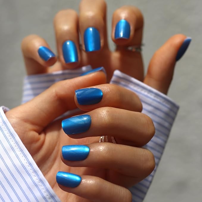 LAMIMOSA 32Pcs Blue Cat Eye Press On Nails Short Square – Soft Gel Fake Nails in 16 Sizes, Reusable Glue on Nail kit, BLUE VELVET