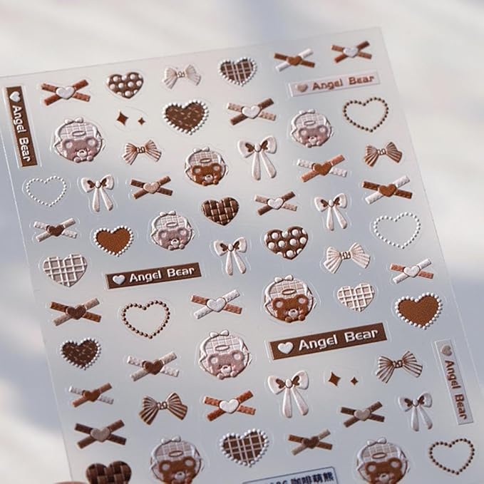 Heart Nail Art Stickers Bear Nail Decals Green Brown Nail Sticker 5D Embossed Self Adhesive with Bow Design for Women Girls Kid Manicure Decoration Accessories