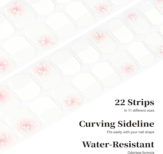 Semi Cured Gel Nail Strips White Flower French Tips Nail Strips with UV/LED Required Long Lasting Gel Nail Stickers for Spring Includes 22 Strips 2 Prep Pads, Nail File & Wooden Stick