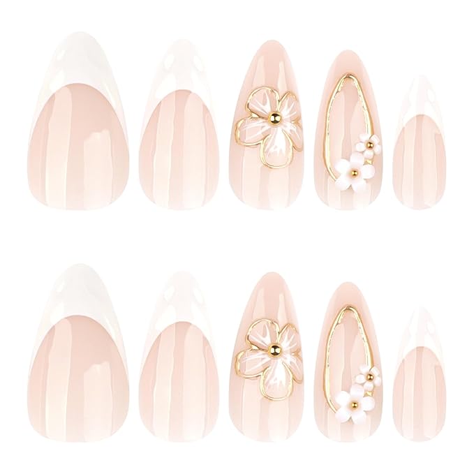 Almond Press on Nails Medium - White French Tip Fake Nails with 3D Gold Stripes Floral Charms Design - Elegant Full Cover Stick on Nails for Women 24 Pcs