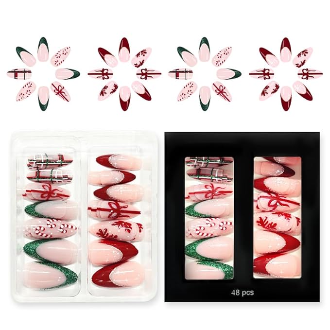 2 Packs 48Pcs Christmas Press on Nails Short Almond Fake Nails Red Snowflake Acrylic Candy Stripe Glitter Designs French Tip Nails Winter Xmas Glue on Nails Kid Set for Women Girls Decoration