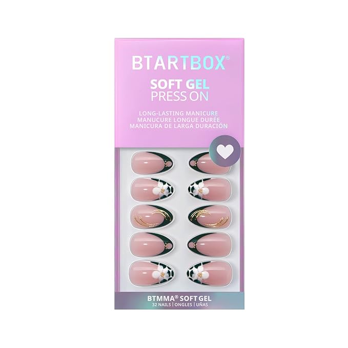 BTArtbox French Tip Press On Nails - Green Romance, Short Almond Press On Nails with Glue and Adhesive Tabs for Women in 16 Sizes - 32 Soft Gel Glue On Nails Kit